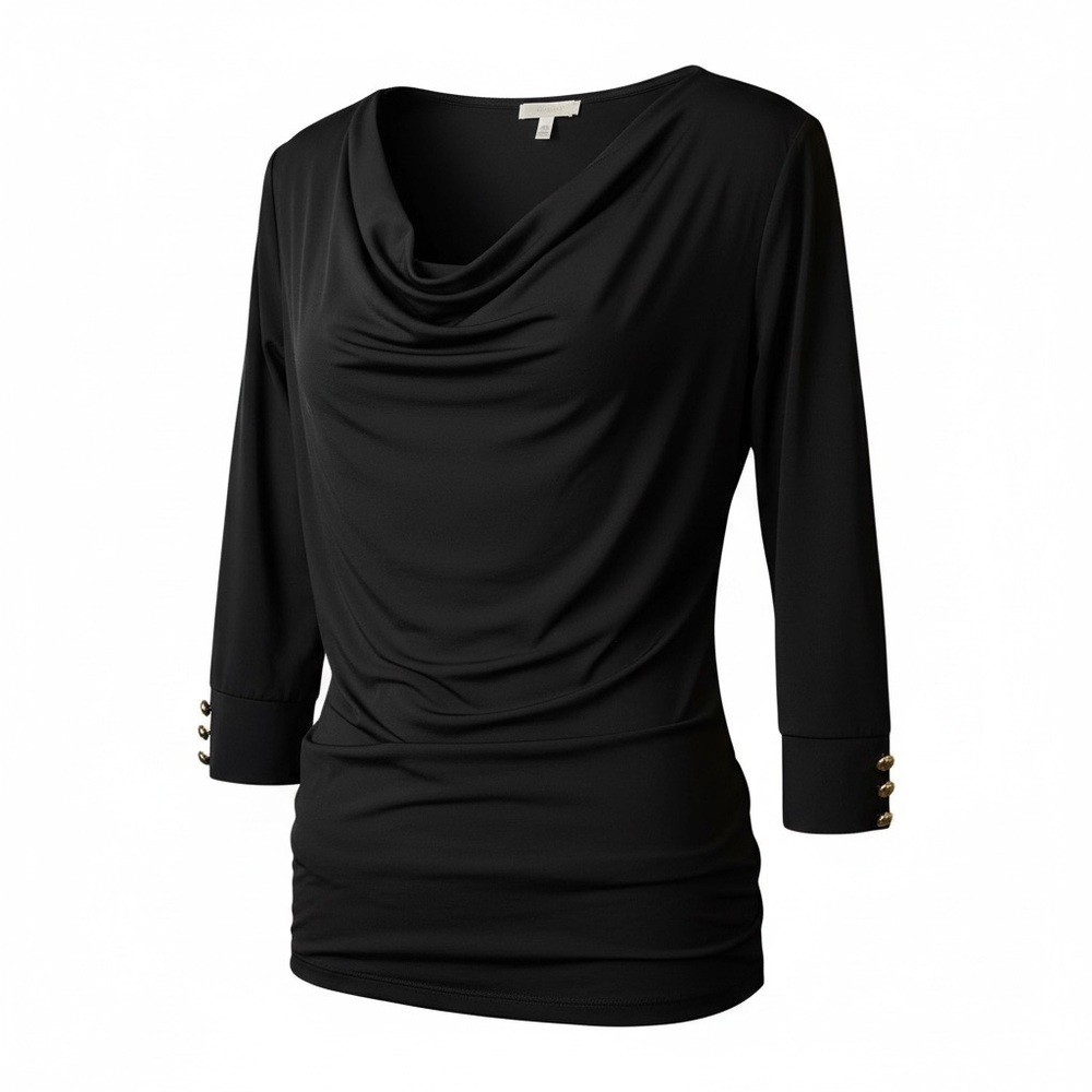 Black cowl neck top with gold buttons